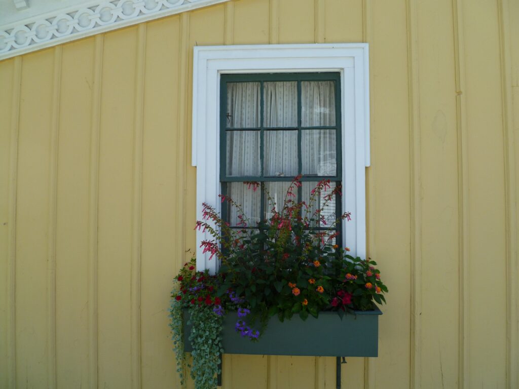 Picture of a green window with white trim. The window is surrounded by yellow siding and has a window box at the bottom of it. The window box is filled with colorful flowers. 